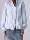 Bonnyshow  Solid Embroidery Cotton Blouse Women Lace Trim Stand Collar Single Breasted Long Sleeve Blouses Simple Casual Fashion Shirt Tops