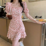 Bonnyshow  Floral Dress Gentle Wind Women Summer Design Artistic Skirt Korean Style Fashion Dress Bubble Sleeve Rustic Casual Style