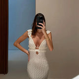 Bonnyshow Apricot Hollow Out Maxi Dress Women Sexy See Through Backless Slim Beach Dress Summer Fashion Ruffle Holiday Party Dress