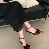 Bonnyshow  new package head sandals female red pointed bow high heels a word with buckle fine heel elegant single shoes