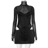 Bonnyshow Black Mesh Patchwork Mini Dress for Women Sexy Hollow Out Bodycon Dresses Fashion Long Sleeve Turtleneck Club Party Dress