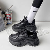 Bonnyshow  New Women New Fashion Platform Sport Shoes Women Summer Black Casual Chunky Sneakers Women Mesh Leather Platform Shoes