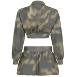 Bonnyshow Tie Dye Print Cargo 2 Piece Set Women Tracksuits Letter Print Zip-up Long Sleeve Jacket + Mini Puffy Skirts Matching Street Suit