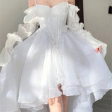 Bonnyshow Spring Elegant White Off Shoulder Fairy Dress Chic Princess Puff Dress Mesh Puff Dress Wedding Party Porm Dress