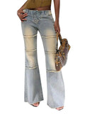 Bonnyshow  Women Bandage Flare Washed Denim Trousers Korean Fashion Drawstring Waist Fringes Palazzo Pants  Female Fashion Summer 2025