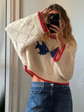 Bonnyshow  Fashion Loose Knitted Sweater Women Red Trim O-neck Full Loose Sleeve Sweaters 2025 Elegant Female Casual Stylish Autumn Winter