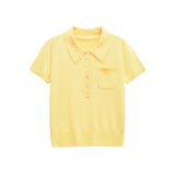Bonnyshow  Pocket Solid Knitted T-shirt Women Buttons Turndown Collar Short Sleeve Tee Shirts Summer Simple Casual Fashion Tops T-shirts