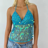 Bonnyshow  Women Sequin Halter Top Sexy Sleeveless Deep V Neck Glitter Tank Top Sparkle Backless Crop Top Summer Streetwear
