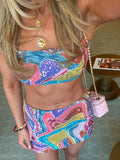 Bonnyshow  Sexy Sequins Print Sling Mini Skirt Set Women 2025 Chic Casual Glitter Tube Tops A-lined Skirts Sets Female Summer Beach Holiday