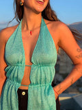 Bonnyshow  Sexy Glitter Lace Up Knitted Halter Top Women Vintage Solid Sleeveless Backless Shiny Hollow Out Tops Lady New Chic Streetwear
