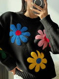 Bonnyshow Flower Crochet Women's Pullover Sweater Knitted V-neck Cardigan Cute Floral Long Sleeve Women Sweaters Autumn Fashion Pullovers