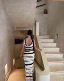 Bonnyshow  Summer Backless Slip Top High Waist Skirt Two Piece Suit Bohemian Holiday Outfits 2025 Knitted Striped Beach Skirt Sets Women