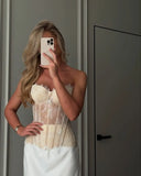 Bonnyshow  Women's Sexy Sheer Mesh Strapless Tops Elegant Fishbone Backless Lace Up Crop Top Lady 2025 Summer Fashion Party Evening Wear
