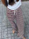 Bonnyshow Patchwork Stripe Drawstring Waist Sweatpants Brown Vintage Casual Loose Straight Leg Pants Women Vacation Outfits