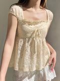 Bonnyshow  Fashion Lace Sheer Chic Summer New Women T-Shirts Fake 2 Piece Sweet Cute Bow Solid Blouses