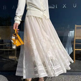 Bonnyshow  Vintage Women's Lace Mesh Long Skirts 2025 Spring Summer High Waist Hollow Out Female A-line Maxi Skirts