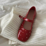 Bonnyshow  Square Toe Red Rivet Mary Jane Shoes Women Elegant Spring Autumn Flats Shoes Ladies Shallow Casual Black Loafers Footwear 2025