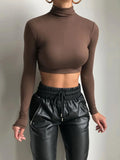 Bonnyshow Basic Sheath Women Solid Turtleneck Tshirt Autumn Stretch Casual Undershirt Female All-match Street Activity Crop Tops