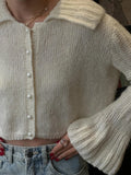 Bonnyshow  Solid Thin Short Cardigan Sweater Women Peter Pan Collar Button-up Long Sleeve Jumper Autumn Casual Simple Slim Knit Outerwear