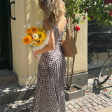 Bonnyshow  Reteo Plaid V Neck Split Sling Dress Women Elegant Splicing Pleated Sleeveless Backless Maxi Gowns Summer Vacation Street Robes