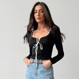 Bonnyshow Clashing Colors Patchwork Lace-Up V-Neck Square Neck Short Navel-Gazing Long Sleeve Top Fall For Hottie Girl Wear