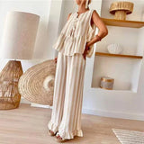 Bonnyshow  Spring Stripe Print Hollow Women Outfit Sexy Front Tie-up Bowknot Vest Top Wide Leg Pant Set Summer Sleeveless Loose Ruffle Suit
