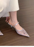 Bonnyshow  Fashion Crystal Mesh Pointed Toe Rhinestone High Heels Mules Sandals Women Pumps Shoes Buckle Strap Sexy Stilettos Mujer