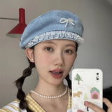 Bonnyshow Denim Pearl Bow Kont Beret Cap Korean Vintage Y2k Lace Hat Summer Designer Female Thin Denim Beach Travel Sunscreen Painter Cap