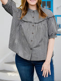 Bonnyshow  Women s Plaid Button Down Shirt Casual Loose Fit 3 4 Long Sleeve Round Neck Tops Comfortable Casual Wear Stylish Checkered