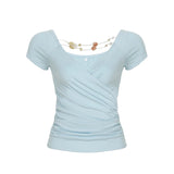 Bonnyshow  Simple Beading V-Neck Hotsweet Summer T-Shirts Short Sleeve Slim Cute Design Fashion Women Blouses