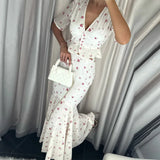 Bonnyshow  Sweet Print Top Skirt Women Outfit Elegant V-neck Button Short Sleeve Shirt Trumpet Pleated Skirts 2025 Summer Fashion Lady Set