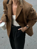 Bonnyshow Vintage Brown Women's Jacket Classic Casual Turndown Collar Jackets Autumn Winter Fashion Women Coat Retro Solid Color Outerwear