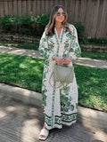 Bonnyshow  Chic Green Print Single Breast Maxi Dress Women Elegant Lapel Long Lantern Sleeves Long Robes  New Beach Vocation Vestido