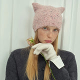 Bonnyshow Cute Cat Ear Cap Colour Dot Circle Knitting Korean Women's Fashion Bear Wool Hat Skullies Ear Protection Warm Winter Cap Beanies