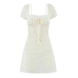 Bonnyshow  Retro Beige Hollow Out Embroidery Mini Dress Sweet Girl Short Sleeve A-line Slim Summer Dresses Holiday Robe