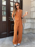 Bonnyshow Womem Linen Cotton Chic Vest ＆ Pants Suit Two-Piece Set Office Ladies Summer Chic 2 Piece Sets Womens Outfits