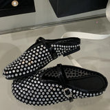 Bonnyshow  Fashion Design Crystal Rhinestone Round Toe Buckle Strap Mules Slippers Women Elegant Low Heels Casual Party Dress Shoes