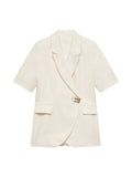 Bonnyshow  Chic One Button Women's Blazer Coat Elegant Laple Short Sleeve Shoulder Pad Pockets Jacket Female Summer Lady Commute Outwears