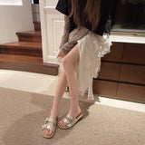 Bonnyshow  Belt Buckle Slippers Women's Fashion Round Head Open Toe Metal Buckle Soft Soled Non-slip Wear-resistant Flat Shoes