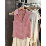 Bonnyshow  Pink Striped Blouse T-shirts Women Summer Casual Slim Turn-down Collar Sleeveless Tees Cute Sweet Preppy Style Y2K Crop Tops New