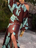 Bonnyshow  Printed Patchwork Halter Dress off-Shoulder Lantern Sleeve Flowy Slit 2025 Summer Maxi Romantic Robe Women Holiday Lady Vestido