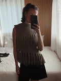 Bonnyshow Fashion Knitted Slanted Tassel Women's Pullover Tops Casual Solid Color Sleeveless Sweater Women Retro Slim Fit Vest Sweaters