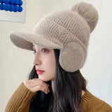 Bonnyshow Winter Knit Earflap Hat for Women Solid Color Pompom Ear Protection Baseball Cap Female Outdoor Cycling Earmuff Caps Gorras 겨울모자