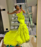Bonnyshow Striking Neon Yellow Mermaid Evening Dresses With Big Volume Tulle Bottom Aso Ebi Stylished Long Prom gowns Bridal Dress