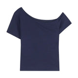 Bonnyshow  New Navy Blue Off Shoulder Pure Cotton Short Sleeve T Shirt Women Summer Korean Style Short Top