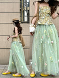 Bonnyshow  Summer stunning outfit set women's seaside vacation style floral strapless top green camisole dress two-piece set