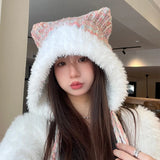 Bonnyshow Winter Knitted Plush Hat for Women Cute Cat Ear Woolen Ear Protection Cap Outdoor Windproof Cycling Caps Bomber Bonnet