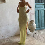 Bonnyshow  Beach Boho Knitted Maxi Dress Women Slim Split Dress Vintage Crochet Backless Tie Up Long Dress Cocktail Club Party