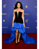 Bonnyshow Eye Catching Dark Naby Blue And Royal Blue AsymmetricalLong Evening Dresses Pleated Draped Straplee Formal Party Gowns