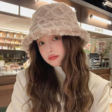 Bonnyshow Faux Fur Bucket Hat for Women Winter Thick Plush Girls Fisherman Cap Korean Solid Color Warm Fluffy Sun Visor Panama Caps